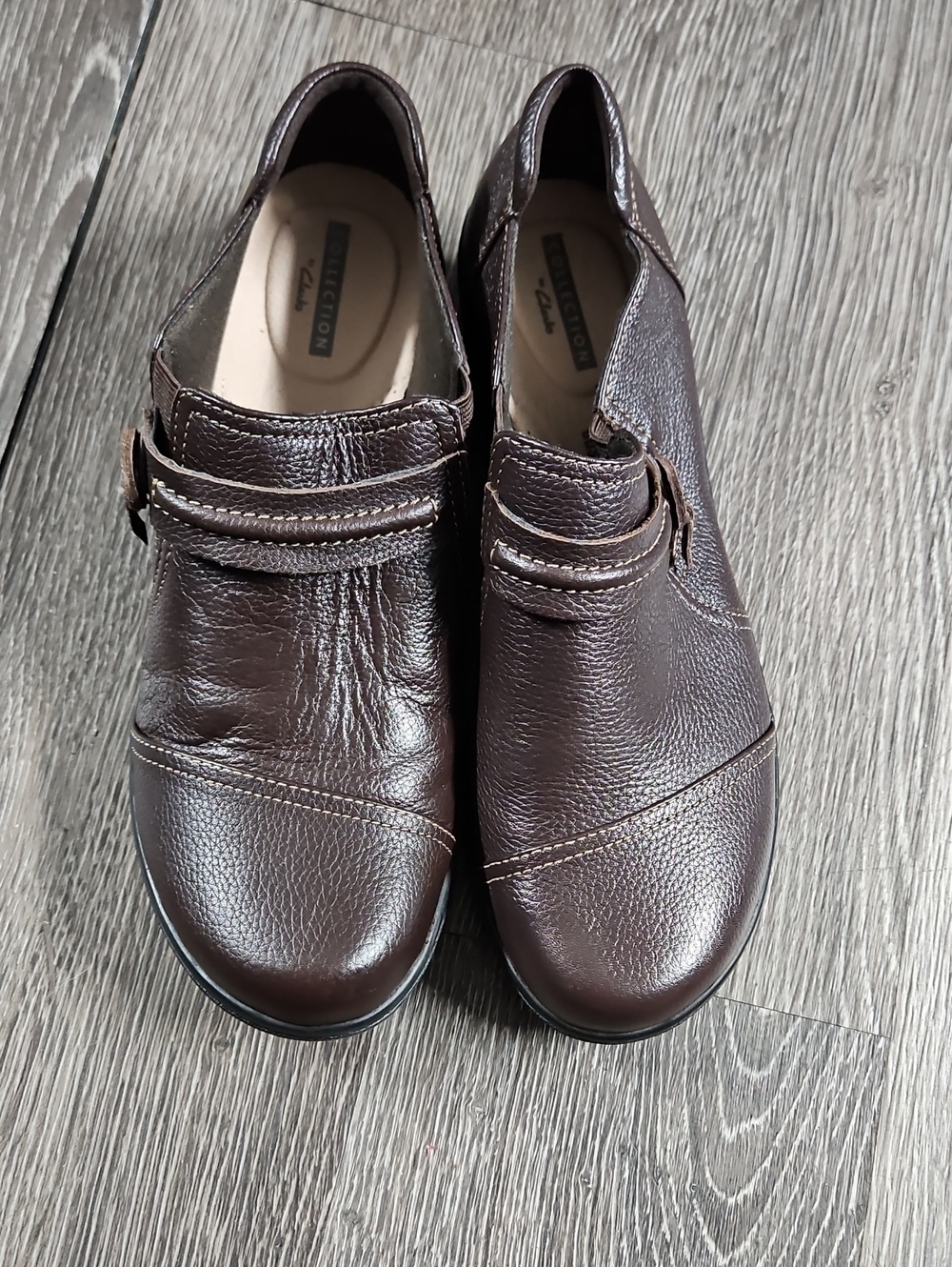 Clarks Women's Dark Brown Leather Slip-On Loafers with Strap